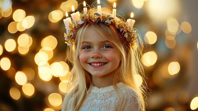 little blonde girl with wreath of candles on head, saint lucia day, golden beige soft blurry background, sweden, catholic tradition, protestant church, religious holiday, christmas angel