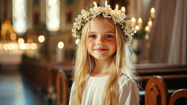 little blonde girl with wreath of candles on head, saint lucia day, golden beige soft blurry background, sweden, catholic tradition, protestant church, religious holiday, christmas angel