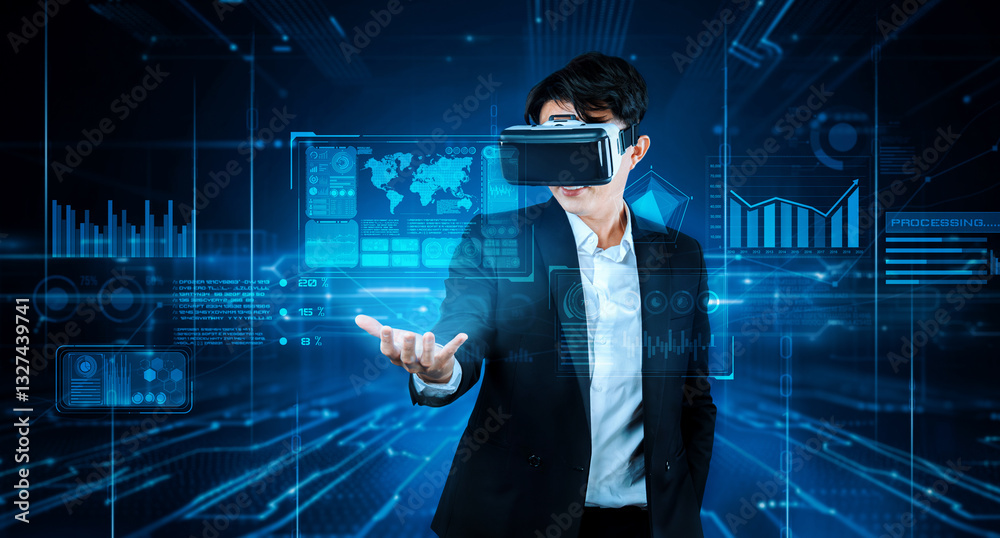 Poster smart business man connecting at global network by using vr glasses. project manager accessing big d