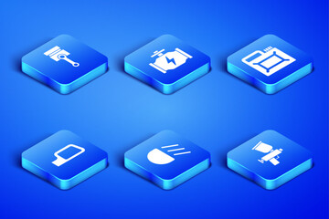 Set Paint spray gun, Engine piston, High beam, Car mirror, Check engine and Canister for motor oil icon. Vector