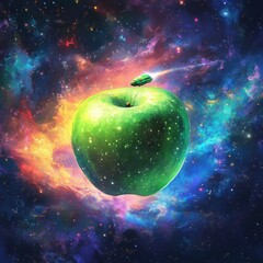 A Green Apple and Spaceship Floating Through Cosmic Nebulae