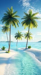 Palm trees on sandy beach by turquoise ocean