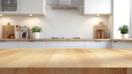 Modern kitchen interior, bright minimalistic design with wooden countertop, stylish decor, ideal for cooking and entertaining.