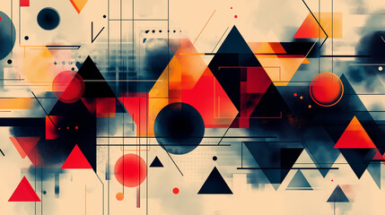 Colorful geometric pattern with triangles, squares, and circles  
