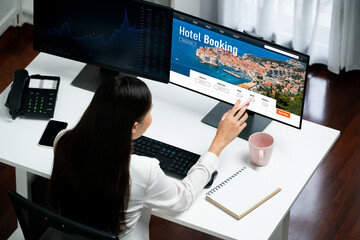Online hotel accommodation booking website provide brisk reservation system . Travel technology concept .