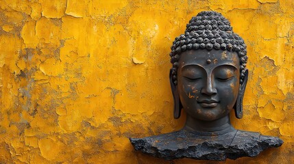 Serene Buddha Head Sculpture Against a Weathered Yellow Wall, Peaceful Meditation and Spiritual Enlightenment Concept, Asian Art and Religious Symbolism