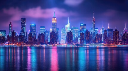 Fototapeta premium Illuminated City Skyline With Vibrant Colors and Reflection Across Calm Waters