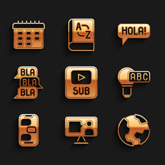 Set Video with subtitles, Earth globe, Creative lamp light idea, New chat messages notification, Speech bubble, Hola different languages and School timetable icon. Vector © vector_v