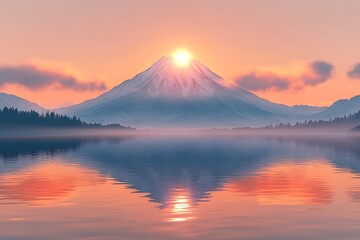 Fototapeta premium Serene Sunrise Majestic Mountain Peak Reflected in Calm Lake Water