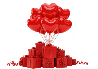 A cluster of glossy red heart shaped balloons tied together with gift box isolated on transparent background