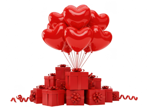 A cluster of glossy red heart shaped balloons tied together with gift box isolated on transparent background