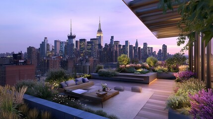 Spectacular New York City Skyline View from a Luxurious Rooftop Garden at Dusk