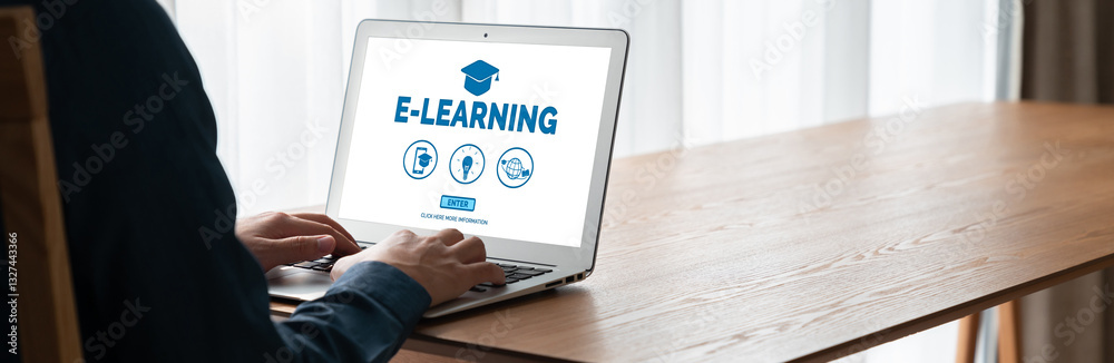 Poster e-learning website with modish sofware for student to study online on the internet network