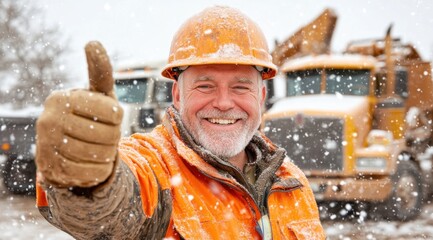 cheerful construction worker wearing an orange safety vest and hard hat stands outdoors amid falling snow. He gives a thumbs up, showcasing positivity while surrounded by heavy machinery