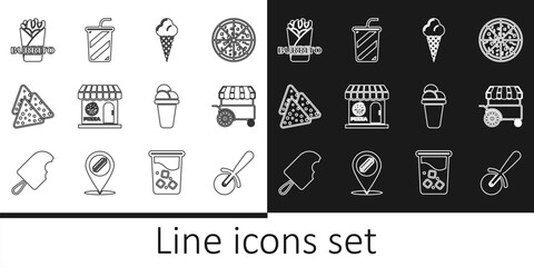 Set line Pizza knife, Fast street food cart, Ice cream in waffle cone, Pizzeria building facade, Nachos, Burrito, and Glass with water icon. Vector