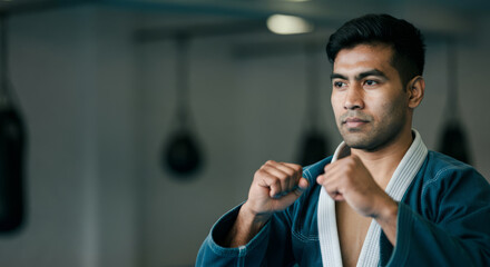 Young hispanic male practicing martial arts in training facility