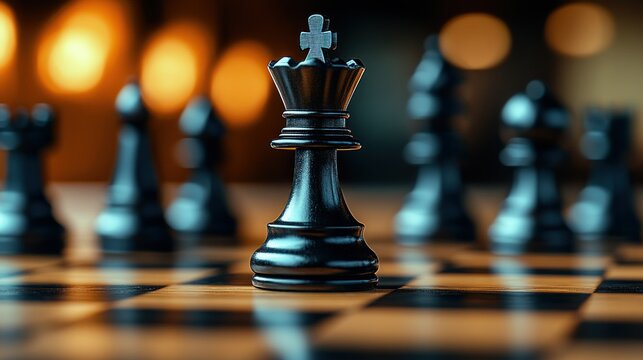 Black chess queen stands prominently, surrounded by other pieces on a wooden board, set against a warm, blurred background