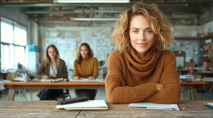 Three women are engaged in a creative brainstorming session in a modern workspace. focus is on a confident woman in a warm sweater, surrounded by notes and papers