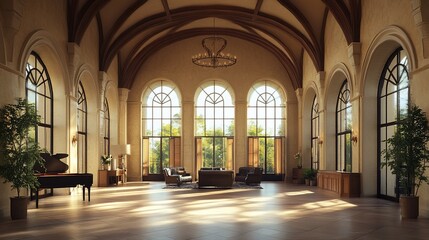Obraz premium Sunlit Grand Hall with Arched Windows, Elegant Furnishings and Warm Tones