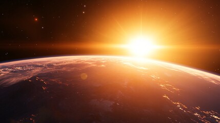 Dramatic sunrise over planet, vibrant colors illuminating horizon, cosmic perspective, perfect for space-themed projects.