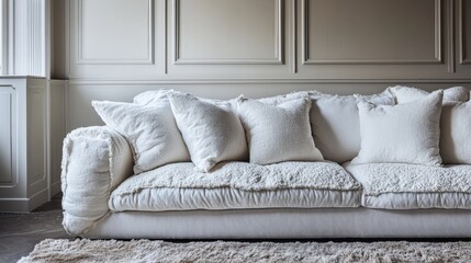 Fototapeta premium Close-up of cozy white velvet sofa with plush cushions. Living room with wool rug and soft lighting.