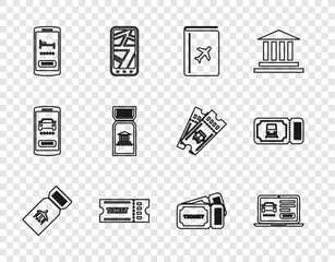 Set line Airline ticket, Online car sharing, Cover book travel guide, Ticket, hotel booking, Museum, and Train icon. Vector