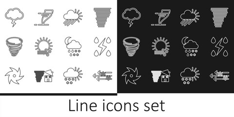 Set line Wind and snow, Storm, Cloudy with rain sun, Tornado, rain, moon and icon. Vector