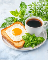 Fried egg on toast with coffee and fresh herbs