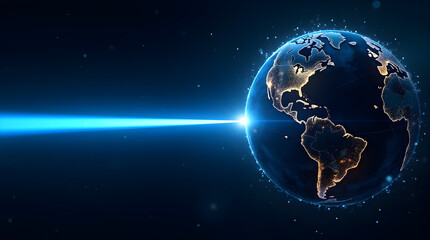 Futuristic Earth Globe with Blue Beam of Light and Network