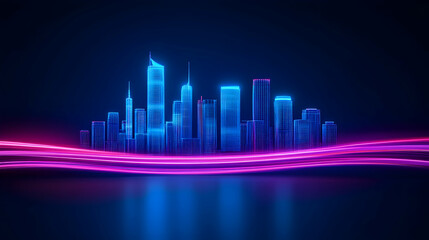 Obraz premium Futuristic city skyline with vibrant neon light trails