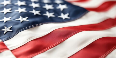 patriotic symbolism, a focused shot of a waving american flag with a blurred background of a national cemetery or patriotic parade