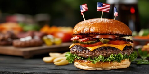 holiday bbq scene, a focused shot of a juicy grilled burger with american flag toothpick decor, set against a blurred memorial day picnic spread