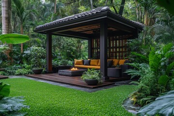 Naklejka premium Relaxing gazebo with fire pit nestled within a lush tropical garden setting