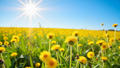 Obraz premium Vibrant dandelions blooming in sunny meadow, World Dandelion Day