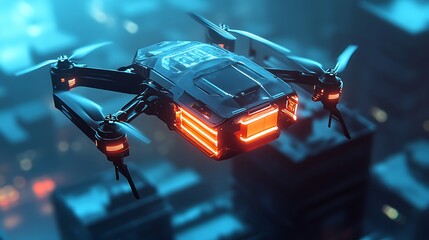 Drone Flying Over Cityscape with Futuristic Design and Neon Lights