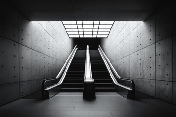 Symmetrical escalators lead upwards toward a grid of light in a concrete tunnel