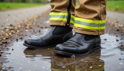 Firefighter boots splashing in puddle, honoring bravery