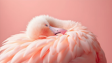 Pink Flamingo Sleeping Portrait - Gentle Bird with Soft Pink Feathers Close-up