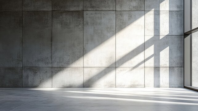 Empty concrete room interior with sunlight, gray wall background, close-up.