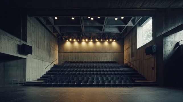 Brutalist auditorium, with 300 seats