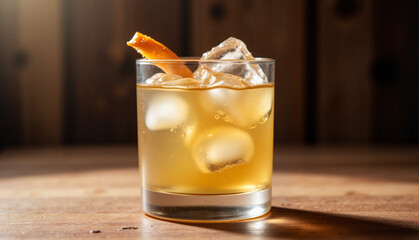 Whisky cocktail with orange zest in soft lighting, World Whisky Day