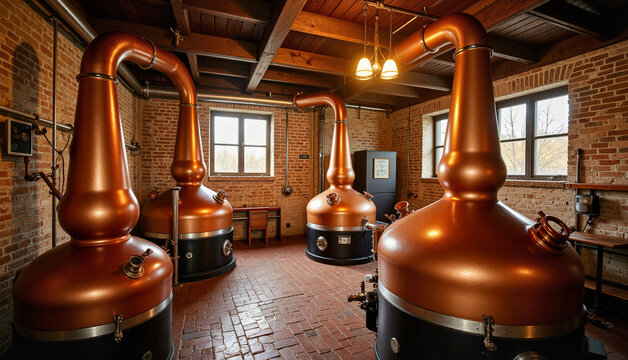 Rustic distillery showcasing copper stills under warm lighting, whisky making