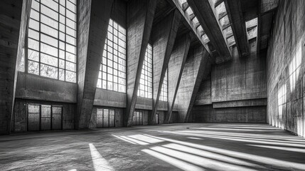 A vast brutalist concrete hall with shafts of sunlight streaming through high windows, highlighting the raw textures.