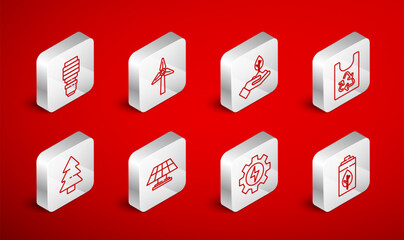 Set line Eco nature leaf and battery, Wind turbine, Plant hand, Plastic bag with recycle, Gear lightning, LED bulb, Solar energy panel and Christmas tree icon. Vector