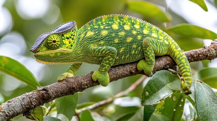 Fototapeta premium Colorful chameleon perched on a branch in nature