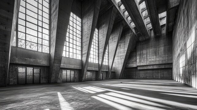 A vast brutalist concrete hall with shafts of sunlight streaming through high windows, highlighting the raw textures.
