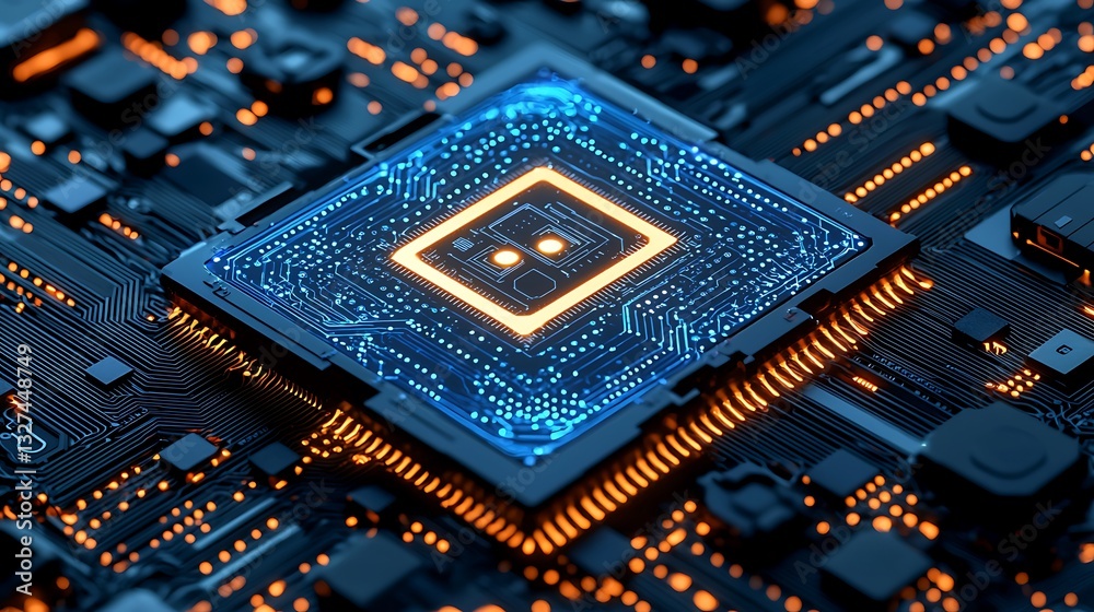Poster high tech microchip circuitry glowing detail