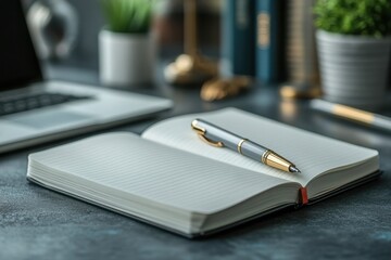 Open notebook with a pen resting on the pages ready for writing and inspiration