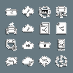 Set line Recharging, Hard disk drive on sharing network, Share file, Refund money, Music streaming service, Car, folder and icon. Vector