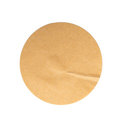 Round crumpled sticker made of recycled craft brown paper with transparent background, ideal for...